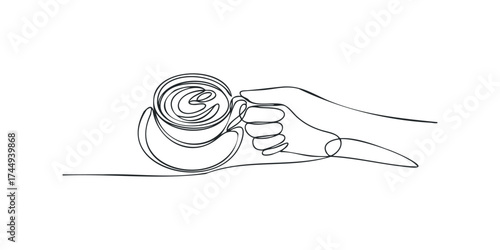 Hand holding cup with coffee continuous line