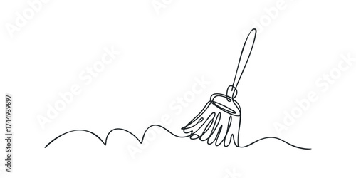 Broom sweeping the floor line drawing