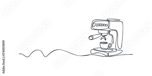 Espresso machine with coffee cup drawn in continuous line style
