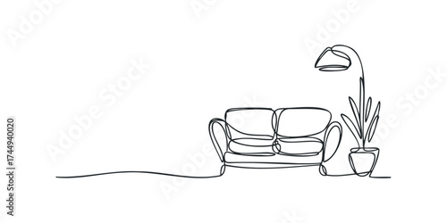 Continuous Line Drawing of Sofa and Floor Lamp