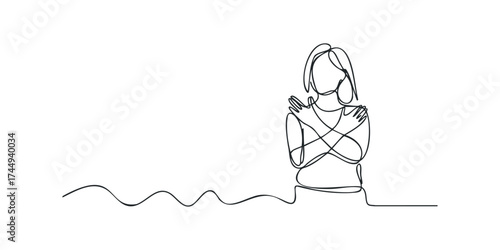 Continuous Line Drawing of Person Hugging Themselves