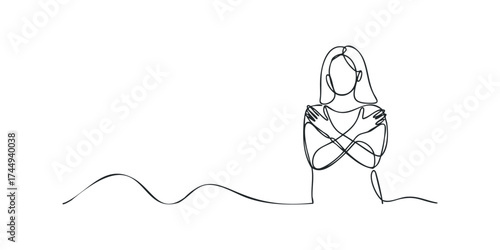 Single line drawing of a woman hugging herself