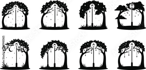 Silhouette trees with hanging lanterns, night sky stars, moonlight scenes, decorative outdoor lighting, festive magical atmosphere, artistic landscape illustration