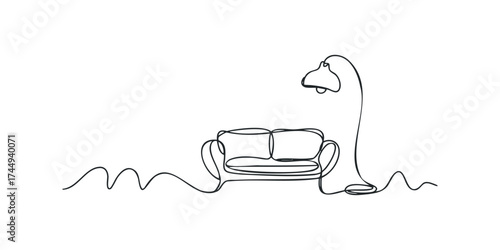 Single line drawing of a sofa and floor lamp
