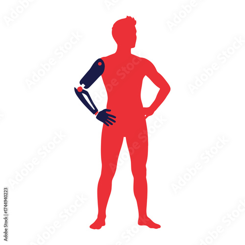 Silhouette of a man with a prosthetic arm, standing with hand on hip, looking to the side.