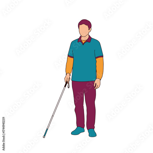 Minimalist vector illustration of a blind man holding a white cane, representing visual impairment, disability, and accessibility