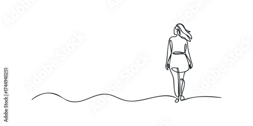 Single line drawing of a woman walking by the sea