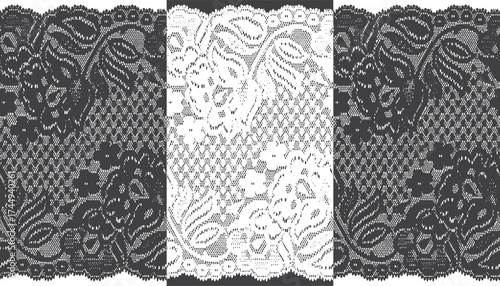 A wide lace trim featuring a large floral pattern, presented in two colorways