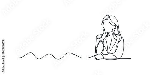Continuous line drawing of a pensive businesswoman in a suit