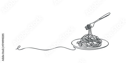 Continuous line drawing of spaghetti with fork on plate
