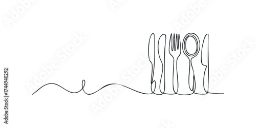 Simple line drawing of cutlery arrangement on white background