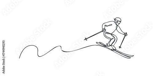 One Line Drawing of Skier Descending Snowy Slope