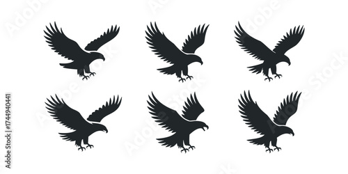 Six Silhouette Eagles in Dynamic Flight Poses