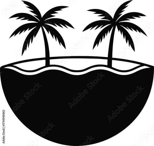 tropical island inside half coconut shell with palm trees silhouette vector illustration