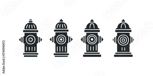 Four Black Fire Hydrants Isolated on White Background