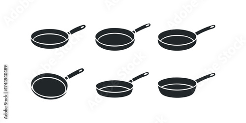 Six stylized frying pans in black silhouette