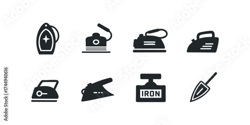 Collection of isolated silhouette icons of various ironing tools