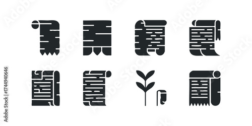 Set of scroll document icons with plant