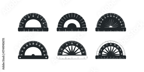 Six Black Protractor Tools for Measuring Angles