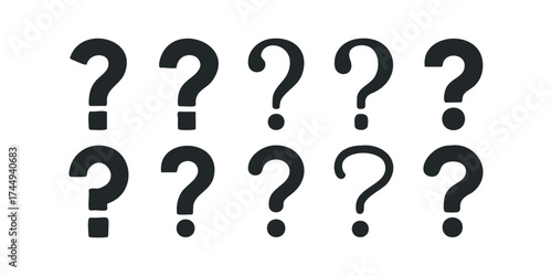 Multiple dark question marks arranged in two rows on a white background