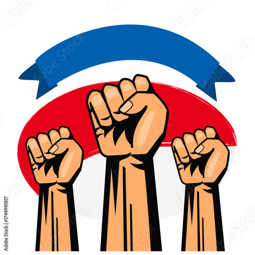 Hand holding red ribbon and red paper cartoon vector illustration symbol of power and protest