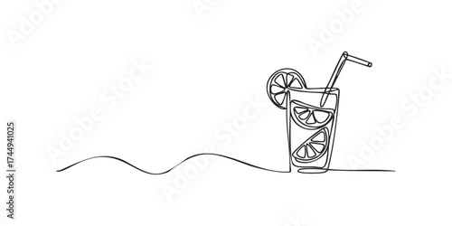 Continuous line drawing of a refreshing drink with citrus slices