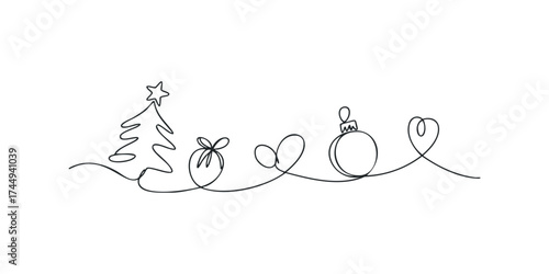 Christmas tree bauble and ribbon line art