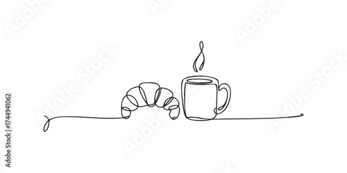 Single Line Drawing of Croissant and Steaming Coffee Cup