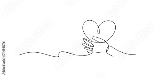 Hands cradling a heart symbol in minimalist line art