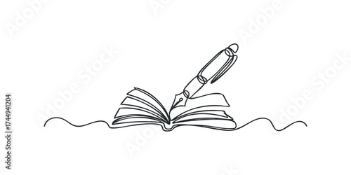 Open book with pen writing in continuous line style