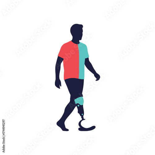 Vector illustration of a person with a prosthetic leg walking, symbolizing recovery, adaptation, and modern healthcare technology