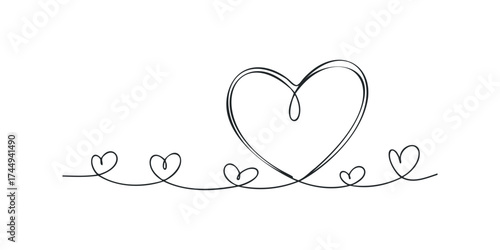 Hand Drawn Heart Shapes Connected by Continuous Line