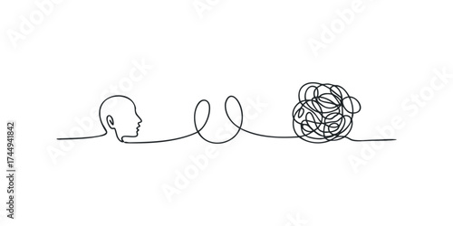Head silhouette connected to tangled lines symbolizing complex thought