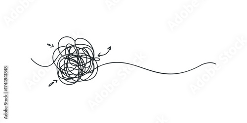 Tangled scribble line with arrows showing path