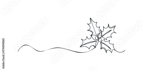 Single line drawing of holly leaves and berries