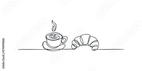 Single line drawing of hot coffee cup and croissant