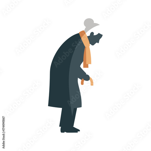 Minimalist illustration depicting an elderly woman with a cane, showcasing the challenges of aging and the need for support in later life, a symbol of longevity and the passage of time