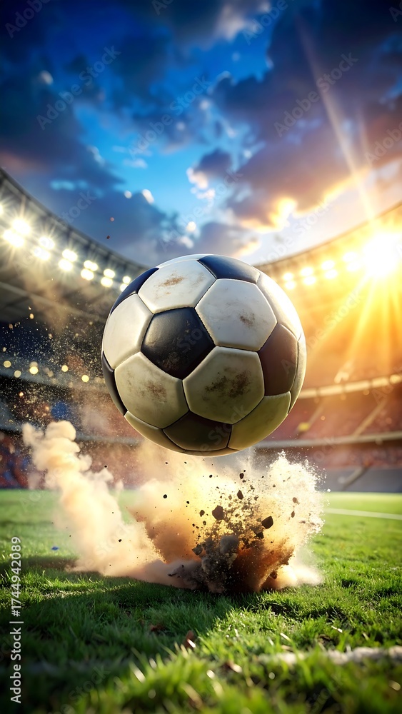 Naklejka premium Dramatic Soccer Goal Exploding Impact in a Stadium