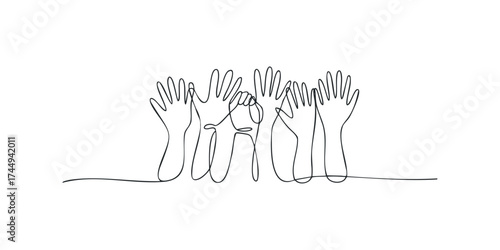 Abstract line drawing of multiple raised open hands