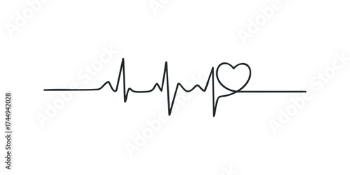 Single line drawing of a heartbeat tracing ending in a heart shape
