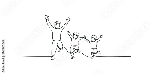 Joyful family running together in a continuous line drawing