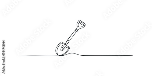 Continuous line drawing of a shovel stuck in ground
