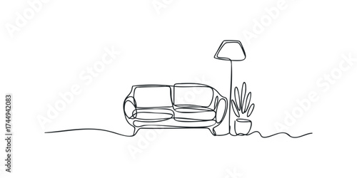 Minimalist sofa with floor lamp and potted plant in continuous line style