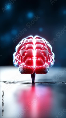 A 3D rendering of a human brain on a reflective surface