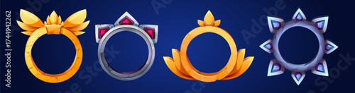 Badge game avatar frames with golden wings and silver crystal gems for RPG character customization. Circular borders with metallic star designs for profile decoration or achievement rewards.