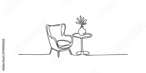 Single Line Drawing of Armchair with Table and Plant