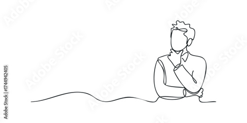 Man in line art form contemplating with hand on chin