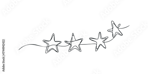Continuous line drawing of four abstract stars in a row