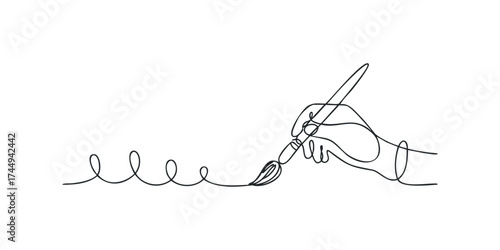 Hand holding paintbrush creating a continuous line drawing