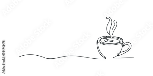Continuous line drawing of a steaming coffee cup